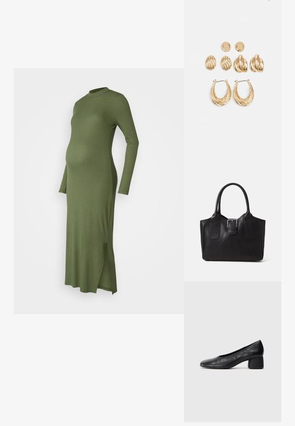 Rochie de maternitate cu maneci lungi, cu dungi, în verde măsliniu. Prezintă un guler înalt și slituri laterale pentru un plus de confort și stil.; Pantofii din piele neagră au un vârf rotund și un toc de tip bloc de înălțime medie. Au o textură netedă, cu detalii minime, având o deschidere elastică subtilă.; Geantă tote din piele neagră cu textură netedă, formă structurată, două mânere și un detaliu proeminent din aliaj de argint pe partea din față.; Set de cercei aurii, care include trei perechi: cercei ovale texturate, cercei cu design ondulat și cercei mari tip cerc cu straturi de rigle.