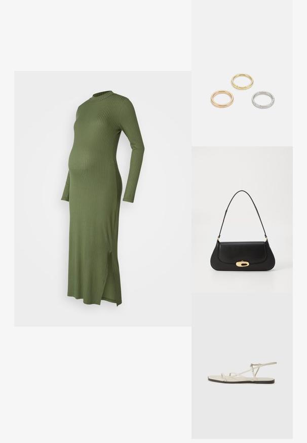Črtast, dolg rokav materinski oblek v olivno zeleni barvi. Ima visok ovratnik in stranske razpoke za dodatno udobje in slog.; Beige ravne sandale z več tankimi trakovi in nastavljivim zaponcem. Podplat je raven z rahlo temnim kontrastom na robu.; Črna usnjena torba s ukrivljeno zasnovo, z zlatimi dodatki in zgornjim ročajem. Ima eleganten zapirni mehanizem in gladko teksturo.; Trije kovinski prstani: eden rožnato zlati, eden zlat z teksturiranimi detajli in eden srebrn, vsi z vgraviranim logotipom na notranji strani.
