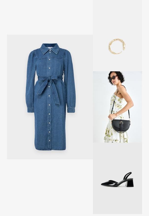 Zilā džinsa kleita ar garām piedurknēm, pogu priekšpusi, smailu apkakli un jostas siksnu. Iespējo pieguļošs augšdaļa un plati svārki. Vidēji zila krāsa.; Melna lakota āda ar atvērto papēdi, ar smailu purngalu un ģeometrisku blokpapēdi. Iezīmējas elegants, minimāls dizains un gluda tekstūra.; Melnas ādas rokassoma ar izliekta formu, noņemamu siksnu un zelta aksesuāriem. Somai ir vāciņš ar sprādzes detaļu.; Zelta toņa gredzens ar organisku, vērptu dizainu, gludu virsmu un sašaurinātiem galiem, radot mūsdienīgu, skulpturālu izskatu.