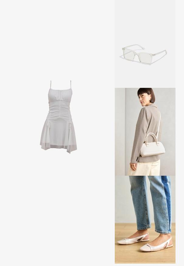Vestito bianco con spalline regolabili, corpetto arricciato e gonna fluida con lacci laterali e orlo a più strati.; Ballerine slingback rosa pallido con punta affusolata, realizzate in un materiale simile alla pelle liscio. Presentano dettagli a taglio sui lati e un tacco piatto.; Occhiali da sole quadrati in plastica trasparente con lenti traslucide, caratterizzati da dettagli in oro sulle tempie.; Borsa a mano bianca strutturata con manici corti e tracolla, dotata di dettagli in metallo dorato e materiale testurizzato, esposta su uno sfondo grigio.