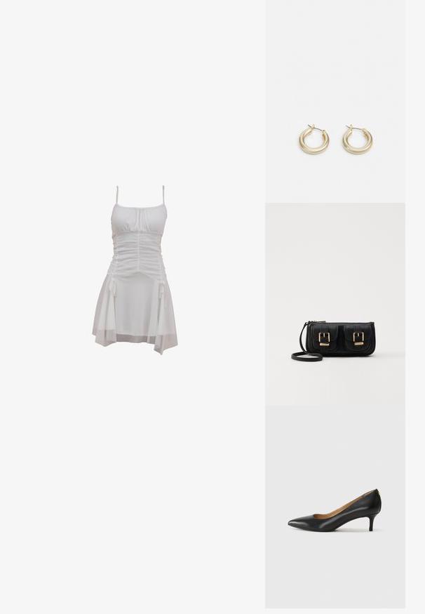 Hvit kjole med justerbare spaghetti-stropper, rynket brystparti og en flytende skjørt med sidesnorer og lagdelt kant.; Sorte lærpumpe med spiss tå, lav hæl og en glatt tekstur. Har en liten åpning foran og minimalt med beslag bak.; Svart skinn crossbody veske med to frontlommer, gyldne spenner, glidelåslukking og en slank stropp. Teksturert overflate og kompakt rektangulær form.; Lauren Ralph Lauren BASIC SMALL HOOP - Øredobber - gold-coloured