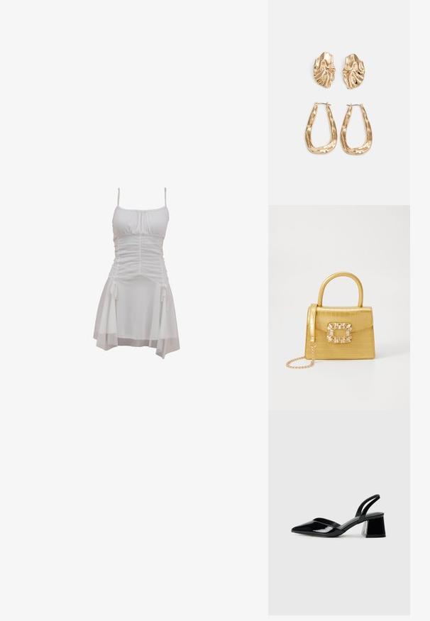 Bela obleka z nastavljivimi naramnicami, nabranim bodicem in ohlapno krilo z stranskimi vezalkami ter plastenim robom.; Črne lakirane slingback pete s koničastim nosom in geometrijsko blokasto peto. Imajo eleganten, minimalističen dizajn in gladko teksturo.; Rumeno usnjeno-usnje z vzorcem krokodila, s strukturiranim dizajnom, zgornjo ročajem, snemljivo verižico in dekorativnim kristalnim okrasjem na zaponki.; Zlato obarvani uhani z teksturiranimi, valovitimi oblikami. Vključujejo skulpturalne sponke za ušesa in odprto obliko obročka s kladivastim finišem.