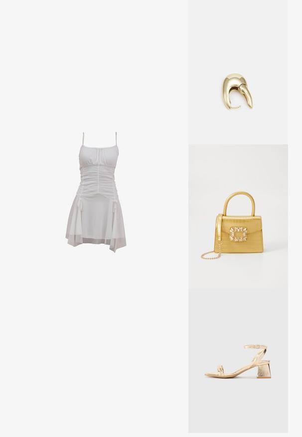 Robe blanche avec des bretelles spaghetti ajustables, un bodice froncé et une jupe fluide avec des liens sur le côté et un ourlet superposé.; Sandale à talon en métal doré avec un talon bloc angulaire, deux bandes sur le pied et une bride de cheville réglable. Texture lisse.; Sac à main en faux crocodile jaune avec un design structuré, une poignée supérieure, une bandoulière en chaîne amovible, et un ornement cristallin décoratif sur le fermoir.; Boucle d'oreille en métal doré avec un design élégant et courbé. Présente une forme conique distinctive, une surface polie et une fermeture à charnière.
