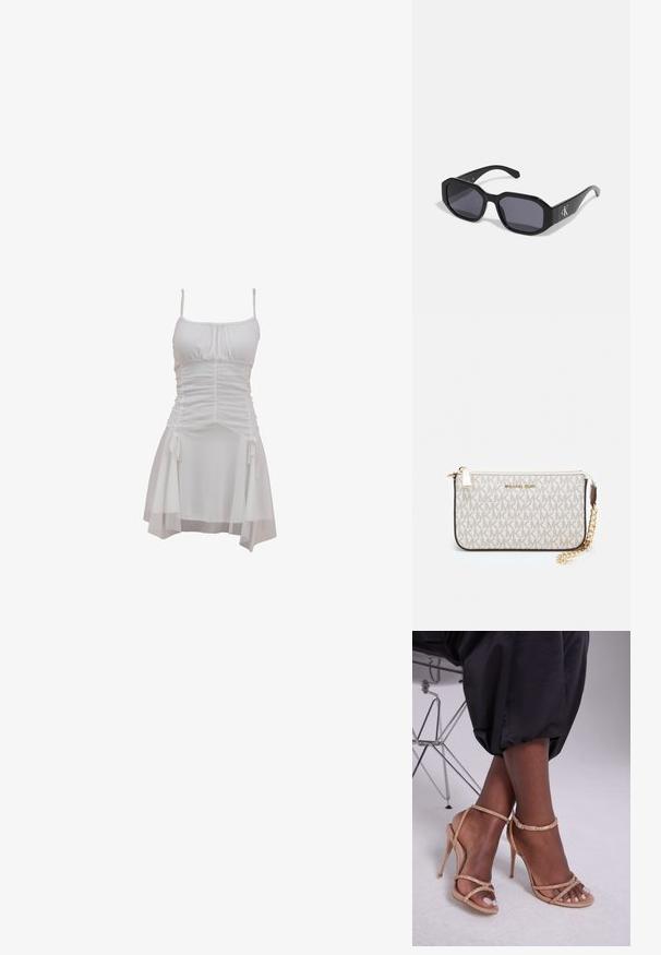 Valge kleit, millel on reguleeritavad õlapaelad, voltidega bodi ja voolav seelik külgside ning kihilise äärega.; Bežid sandaalid kõrge kontsaga, millel on kristallkaunistused, avatud varvaga, peene rihmaga ja voolujooneline siluett.; Mustad prillid, millel on oktagonaalne raam, tumedad läätsed, läikiv plastmaterjal ja hõbedane logo aksent ühel küljel.; Michael Korsi randmevõru beige kaetud kangast, millel on korduv MK logo muster, kuldne riistvara ja eemaldatav ahelistrap.