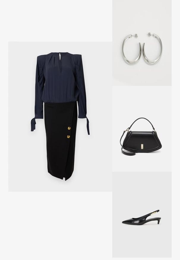 Granatowa bluzka z bufkami i dekoltem z wycięciem, zestawiona z czarną ołówkową spódnicą z złotymi guzikami po boku.; Czarne skórzane szpilki typu slingback z ostrym noskiem, posiadające smukły obcas i złoty akcent na regulowanym pasku. Gładka tekstura.; Czarna skórzana torebka o strukturalnym designie, z przyciętą formą, górnym uchwytem i złotymi akcentami. W zestawie regulowany pasek na ramię.; Srebrne kolczyki-hoop o gładkim, zakrzywionym designie. Posiadają błyszczące metaliczne wykończenie i zapięcie na sztyft. Brak widocznych wzorów lub akcentów.