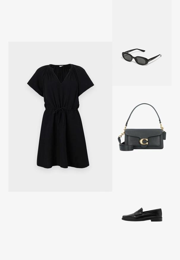 Čierne šaty s krátkymi rukávmi, výstrihom do V, elastickým pásom s šnúrkou a voľným A-čkovým sukňou. Vyrobené z ľahkej látky.; Mango Našuchovačky - black; Čierne slnečné okuliare s oválnymi šošovkami, lesklý plastový rám a štíhle ramienka. Na boku majú biele logo Ray-Ban.; Čierna kožená kabelka s akcentmi zlatého hardvéru, s podpisovým zapínaním, odnímateľným ramenným popruhom a štruktúrovaným povrchom.