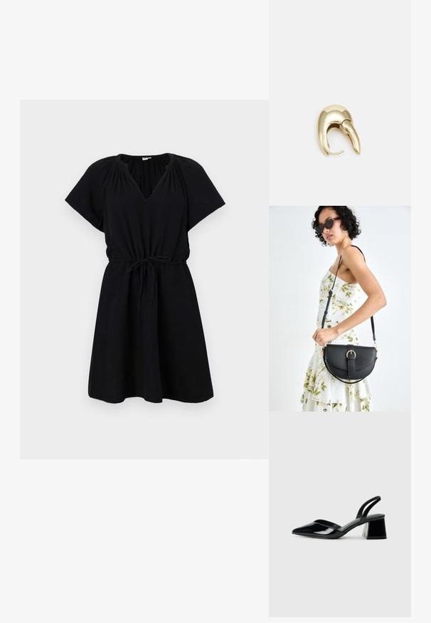 Melna kleita ar īsām piedurknēm, V veida kakla izgriezumu, elastīgu jostu ar auklu un plūstošu A līnijas svārku. Izgatavota no viegla auduma.; Melna lakota āda ar atvērto papēdi, ar smailu purngalu un ģeometrisku blokpapēdi. Iezīmējas elegants, minimāls dizains un gluda tekstūra.; Melnas ādas rokassoma ar izliekta formu, noņemamu siksnu un zelta aksesuāriem. Somai ir vāciņš ar sprādzes detaļu.; Zeltīti metāla auskari ar gludu, izliekta dizaina. Ar atšķirīgu smailu formu, pulētu virsmu un eņģu aizdari.