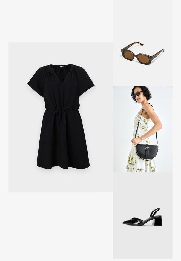 Schwarzes Kleid mit kurzen Ärmeln, V-Ausschnitt, elastischem Taillenbund mit Kordelzug und fließendem A-Linien-Rock. Hergestellt aus leichtem Stoff.; Schwarze Lackleder-Slingback-High Heels mit spitzem Schuh und einem geometrischen Blockabsatz. Verfügt über ein schlankes, minimalistisches Design und eine glatte Textur.; Schildpatt-Sonnenbrille mit einem runden, klobigen Rahmen und braunen Gläsern. Verfügt über dezente Muster und gerade, zulaufende Bügel.; Schwarze Lederhandtasche mit geschwungener Form, abnehmbarem Tragegurt und goldenen Beschlägen. Die Tasche verfügt über einen Deckel mit einer Schnallen-Details.