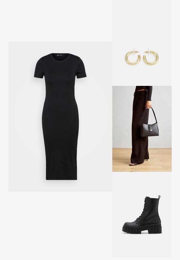 Vestido midi preto canelado com decote redondo e mangas curtas, apresentando uma silhueta ajustada que se adapta ao corpo. Textura suave.; Bota ankle de couro preto com sola robusta e estriada, frente com atacadores e alça na parte de trás, sobre fundo branco liso.; Bolsa preta com forma estruturada, textura suave e um fecho metálico. Combinada com calças largas pretas e sandálias de salto aberto sobre um chão de madeira.; Brincos em argola dourados com um acabamento liso e brilhante. Design circular com um pequeno pino e suporte transparente para um uso seguro.
