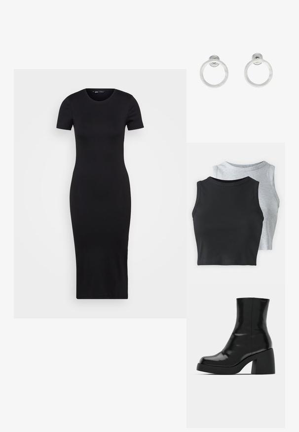 Musta ribbed midi mekko, jossa on pyöreä kaula-aukko ja lyhyet hihat, erottuva istuvuus, joka myötäilee vartalon muotoja. Sujuva pinta.; Even&Odd Petite 2 PACK - Toppi - light grey/black; Mustat nilkkurit, joissa on kiiltävä pinta, neliön muotoinen kärki ja paksu lohkoheel. Muotoilussa on saumatonta siluettia ja vähäistä brändäystä.; Hopeista valmistetut korvakorut, joissa on harjattu pinta, ympyrän muotoinen muotoilu ja kirkas varsi takana, joka takaa turvallisen käytön.