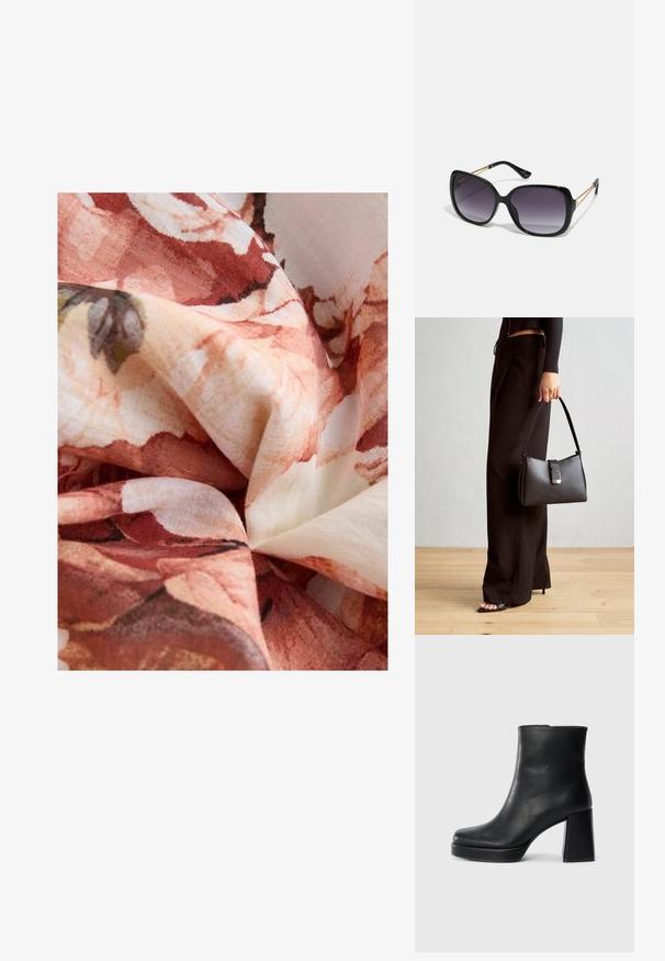 Next PUFF SLEEVE MIDI - REGULAR FIT - Kasdienė suknelė - pink; Juodas odinis kulkšninis botas su bloku ir platformos padu, matomas šoniniu vaizdu ant balto fono.; Juodos didelės saulės akinių su pereinamais objektyvais, storomis rėmeliais ir auksinės spalvos grandinėmis ant šventyklų.; Juodas rankinė struktūrizuota forma, lygi tekstūra ir metalinis užsegimas. Suporuota su plačiomis juodomis kelnėmis ir atvirais bateliais ant medinių grindų.