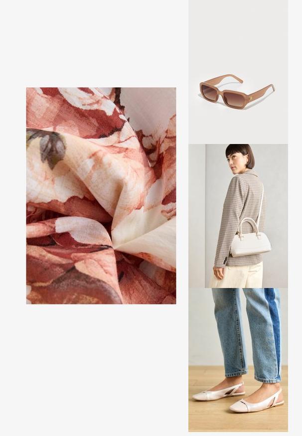 Next PUFF SLEEVE MIDI  - REGULAR FIT - Päevakleit - pink; Kahvatu roosa slingback lapikute jalatsite paar, millel on terav varvas, valmistatud siledast nahataolisest materjalist. Omab külgedel lõikekohti ja lapikut kontsa.; Pruunid ristkülikukujulised päikeseprillid, millel on gradient objektiivid, paksud raamid ja logodetail külgedel. Sile plastmaterjal, minimaalne disain.; Valge struktureeritud käekott lühikeste käepidemete ja õlavööga, millel on kuldse riistvara aktsendid ja tekstuuriga materjal, eksponeeritud halli taustal.