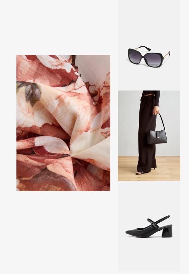 Next PUFF SLEEVE MIDI - REGULAR FIT - Vapaa-ajan mekko - pink; Musta lakattu nahka slingback-korkokengät, joissa on terävä kärki, pyöreä aukko-muotoilu ja lohkokorko. Varustettu kultasävyisellä solkiyksityiskohdalla.; Mustat ylisuurten kehysten aurinkolasit, joissa on liukuväri-linssit, paksut kehykset ja kultasävyiset ketjustuskoristeet temppeleissä.; Musta käsilaukku, jossa on rakenteellinen muoto, sileä pinta ja metallinen solki. Yhdistetty leveisiin mustiin housuihin ja avonaiheisiin sandaaleihin puulattialla.