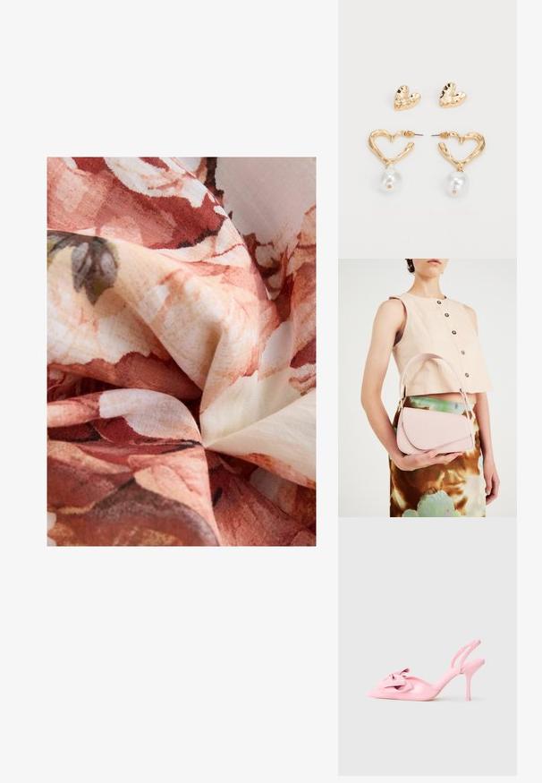 Next PUFF SLEEVE MIDI  - REGULAR FIT - Freizeitkleid - pink; Rosa Lackleder Slingback-High Heels mit spitzer Zehenpartie, dekorativem Schleifenmotiv auf der Vorderseite und schlankem Stiletto-Absatz. Glatte Textur.; Rosa Lederhandtasche mit gewölbtem Deckel, einem Schulterriemen und klaren Linien. Die Tasche zeigt eine glatte Textur und ein minimalistisches Design.; Herzförmige Ohrringe in Goldton mit strukturierter Oberfläche, mit einem hängenden Perlenakzent. Einschließlich passender Herz-Stiftohrringe.