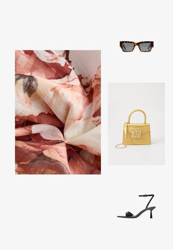 Next PUFF SLEEVE MIDI - REGULAR FIT - Dnevna obleka - pink; Bershka Sandali z visoko peto - black; Želve očala s angularnimi okvirji, sivi leči in gladko površino. Imajo drzen geometrijski dizajn in debele tempeljne.; Rumeno usnjeno-usnje z vzorcem krokodila, s strukturiranim dizajnom, zgornjo ročajem, snemljivo verižico in dekorativnim kristalnim okrasjem na zaponki.