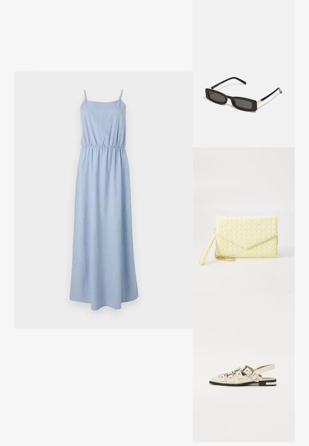 Svetlo modra maksi obleka s tankimi naramnicami, elastičnim pasom in gladkim teksturo. Dolga do tal, preprost in minimalističen stil.; Sandal v slogu z odprtim peto v beli usnjeni obvali z več širokimi trakovi in srebrnimi zaponkami; ravni podplat z majhno črno peto in kovinskimi detajli.; Črne pravokotne sončne očala s temnimi lečami, sijajnim plastičnim okvirjem in zlatimi poudarki na ušesnih delu. Minimalistična zasnova in eleganten oblik.; Rumena pletena torbica za ključe z zapiralom, odstranljivim zapestnim trakom in zlatim verižnim poudarkom. Gladka tekstura in pravokotna oblika.; Zlate uhane v obliki obročkov z gladko, sijočo površino. Krožna zasnova s majhnim nosilcem in prozornim podplatom za varno nošenje.