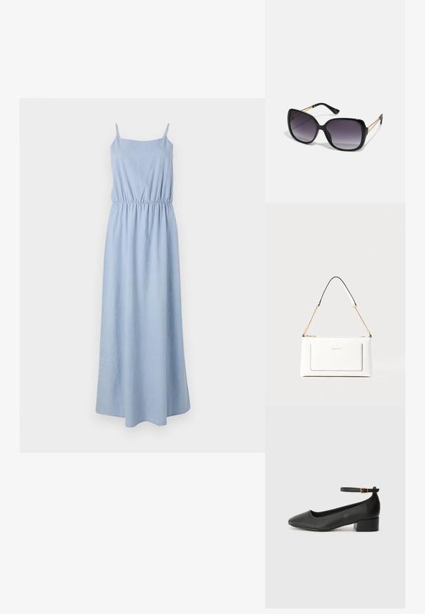 Vestido maxi azul claro com alças finas, cintura elástica e textura suave. Design até ao chão com um estilo simples e minimalista.; Sandal de pele preta com bico pontiagudo e um salto bloco baixo. Apresenta uma tira no tornozelo com uma fivela em tom dourado. Textura suave.; Óculos de sol oversized pretos com lentes degradê, armações grossas e detalhes em corrente dourada nas hastes.; Bolsa de mão branca em couro com acabamento texturizado, featuring a corrente dourada e detalhes pretos. Inclui um bolso frontal e fecho com zipper.