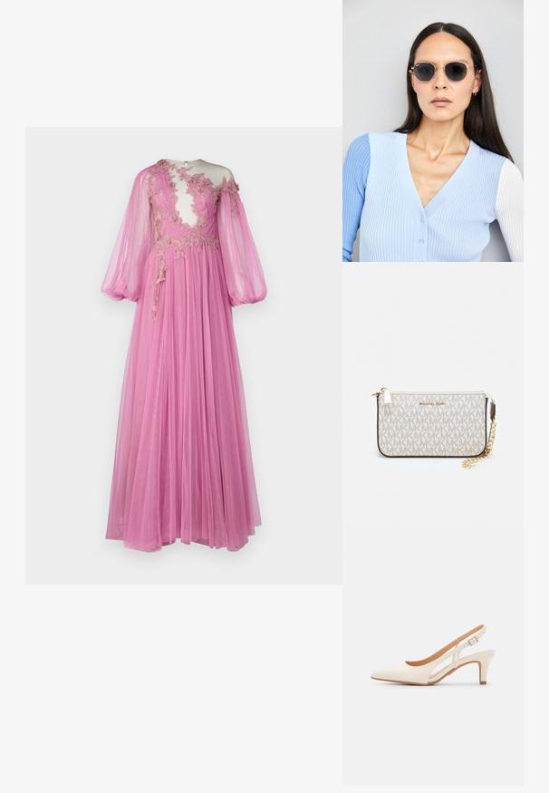 Dolge roza obleke iz prosojnega materiala, ki ima prosojni korzet z rožnatim vezenjem, balonaste rokave in padajočo krilo.; Bela slingback peta z ostrim nosom, gladka zgornja prevleka, nizka blok peta in zasnova z stranskimi izrezi ter nastavljivim trakom z zaponko.; Okrogle sončna očala s temnimi lečami in zlatimi okvirji. Model nosi svetlo modro, rebrasto jakno s gumbi in belimi rokavi v kontrastni barvi.; Michael Kors denarnica v bež lakiranem platnu z mišičnim vzorcem ponavljajočega se logotipa MK, z zlatim okovjem in snemljivo verižico.