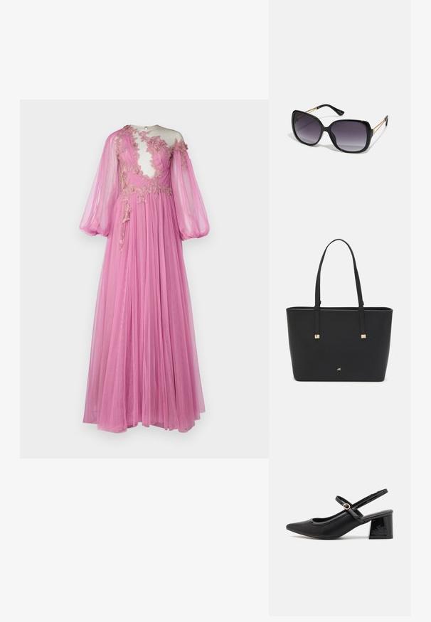 Largo vestido rosa hecho de tela transparente, con un cuerpo transparente adornado con bordados florales, mangas abullonadas y una falda fluida.; Tacones slingback de charol negro con punta afilada, un diseño de corte redondeado y tacón bloque. Incluye un detalle de hebilla en tono dorado.; Gafas de sol negras de gran tamaño con lentes degradados, montura gruesa y detalles de cadena en tono dorado en las patillas.; Bolso tote negro hecho de material sintético, con un diseño rectangular simple, acentos cuadrados dorados y asas dobles.