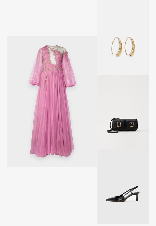 Pikk roosa kleit, mis on valmistatud läbipaistvast kangast, sisaldab läbipaistvat korpust lillekirjadega, pompoossid varrukad ja voolavat seelikut.; Mustmust paelad, millel on terav varvas, tekstuuriga maduprindiga, reguleeritav rihm ja lühike tekstuuriga plokknina.; Must küllastamata nahast õlakott, millel on kaks esist nähtavat taskut, kuldsed pandlad, tõmblukuga sulgemine ja peen rihm. Tekstuuriga pind ja kompaktne ristkülikukujuline kuju.; Kuldtoonilised metallist rõngas kõrvarõngad, millel on kõver ja piklik kuju. Omavad siledat, läikivat pinda ja ümarat tipptugevdust, mis lisab detaili.