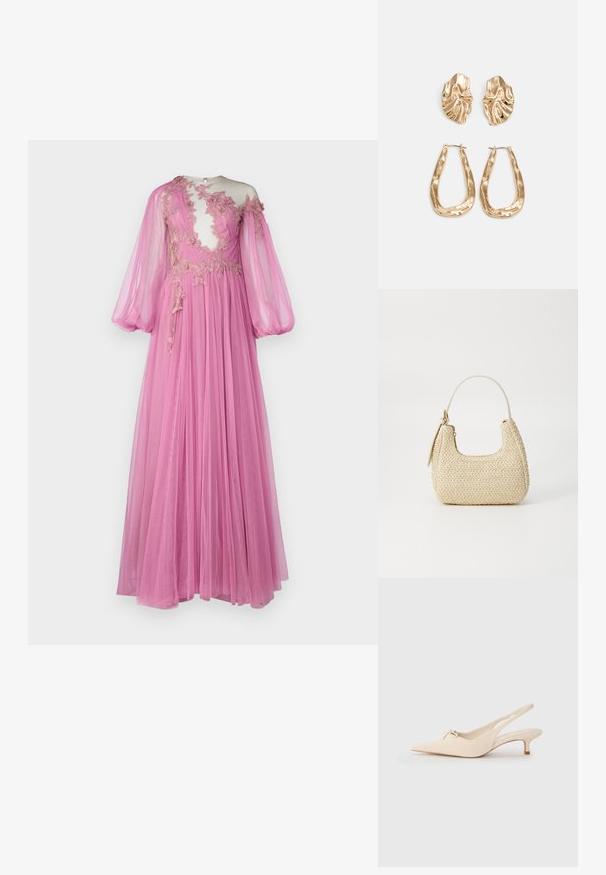 Hosszú rózsaszín ruha áttetsző anyagból, áttetsző bőrrésszel, virágmintás hímzéssel, ballon ujjakkal és lebegő szoknyával.; Hegyes orrú, off-white bőrből készült slingback cipők, kis masnival és alacsony, kislányos sarokkal. Simogató, minimalista design.; Bézs színű, fonott szalmakézitáska ívelt formával, rövid fogantyúval és oldalsó cipzárral. Texturált felülettel és minimalista dizájnnal rendelkezik.; Aranyszínű fülbevalók, texturált, hullámos formákkal. Tartalmazza a szobrászati klipszes studokat és az open hoop kialakítást, kalapácsos felülettel.