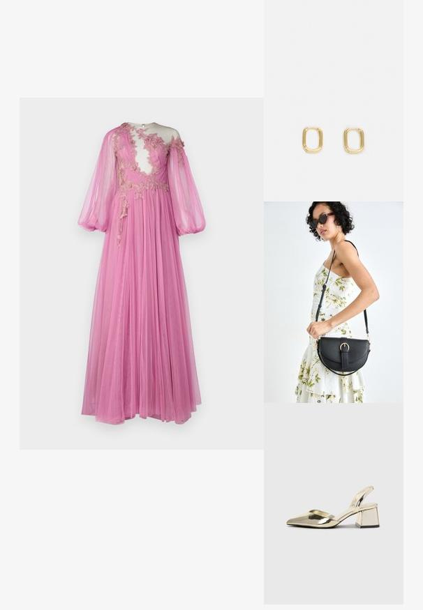 Langes pinkes Kleid aus transparentem Stoff, mit einem durchsichtigen Oberteil mit floralem Stickmuster, Ballonärmeln und einem fließenden Rock.; Goldene, metallische Slingback-Absätze mit spitzem Zeh und dicker Ferse. Glatte Textur, minimalistisches Design und ein schmaler Riemen.; Schwarze Lederhandtasche mit geschwungener Form, abnehmbarem Tragegurt und goldenen Beschlägen. Die Tasche verfügt über einen Deckel mit einer Schnallen-Details.; Goldene rechteckige Creolen mit glatter Oberfläche und abgerundeten Kanten. Das Design zeichnet sich durch eine minimalistische, geometrische Form aus.