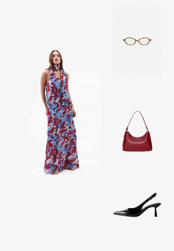 Robe maxi en tissu léger, présentant un fond bleu avec des motifs abstraits rouges et bleus, et une écharpe assortie nouée autour du cou.; Racine à talon en cuir verni noir avec un nez pointu, des côtés découpés, une bride de cheville ajustable et un talon fin et élégant.; Lunettes en écaille de tortue avec des verres ovales et une finition lisse et élégante. Présente des branches fines avec une courbure subtile au niveau des tempes. Verres transparents.; Sac à épaule en cuir rouge avec un design courbé, texture lisse et fermeture éclair. Il dispose d'une fine anse pour le porter.