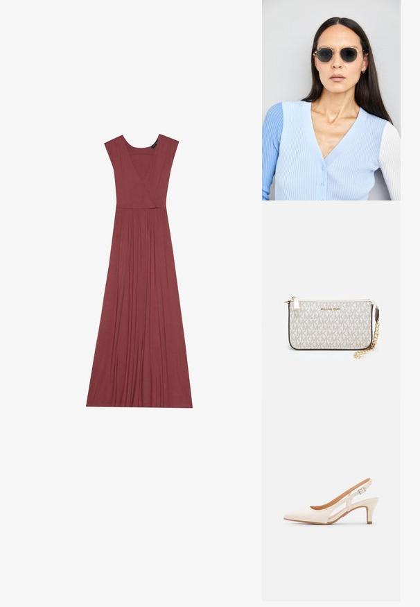 Pikk, ilma varrukat roosa tooni kleit. Omab V-kaelust, volditud vööd ja sujuvat, kerget kangast. Ühtne disain, ilma mustriteta.; Valge slingback konts, terava ninaga, siledast ülemisest materjalist, madala ploki kontsaga ja külgse nähtavusega ning reguleeritava pandla rihmaga.; Ringikujulised prillid tumedate läätsede ja kullast raamiga. Mudel on selga pannud helesinise soonikuga kardigani, millel on nupud ja kontrastsed valged varrukad.; Michael Korsi randmevõru beige kaetud kangast, millel on korduv MK logo muster, kuldne riistvara ja eemaldatav ahelistrap.