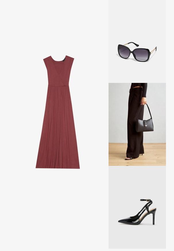 Duga, bezrukava haljina u prigušenoj ružičastoj boji. Ima V-izrez, plisiranu liniju struka i glatku, laganu tkaninu. Jednostavan dizajn, bez uzoraka.; Crne lakirane kožne cipele na visokom potplatu sa otvorenim petama, špicastim vrhom i podesivim remenom oko gležnja. Glatka tekstura.; Crne prevelike sunčane naočale s gradijentnim lećama, debelim okvirom i zlatnim lancem kao detaljem na krakovima.; Crna torba s oblikom koji sadrži strukturu, glađu teksturu i metalnu kopču. Uparena s širokim crnim hlačama i sandalama na otvorenom s drvenog poda.