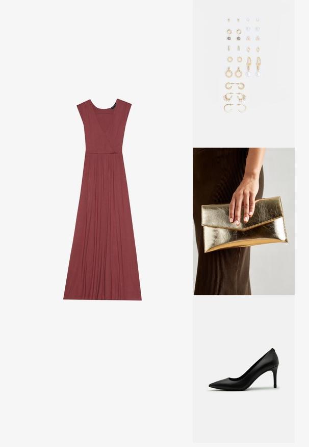 Long, sleeveless dress in muted rose color. Features a V-neck, pleated waistline, and smooth, lightweight fabric. Solid design, no patterns.; Black high-heeled pump made of smooth leather, featuring a pointed toe and a slender stiletto heel. Minimalist design with no visible embellishments.; Gold metallic clutch bag with a smooth texture, featuring a triangular flap closure. The hand holding it has neatly manicured nails.; Set of gold-tone earrings featuring various designs, including studs, hoops, and dangling pieces with pearls and rhinestones.