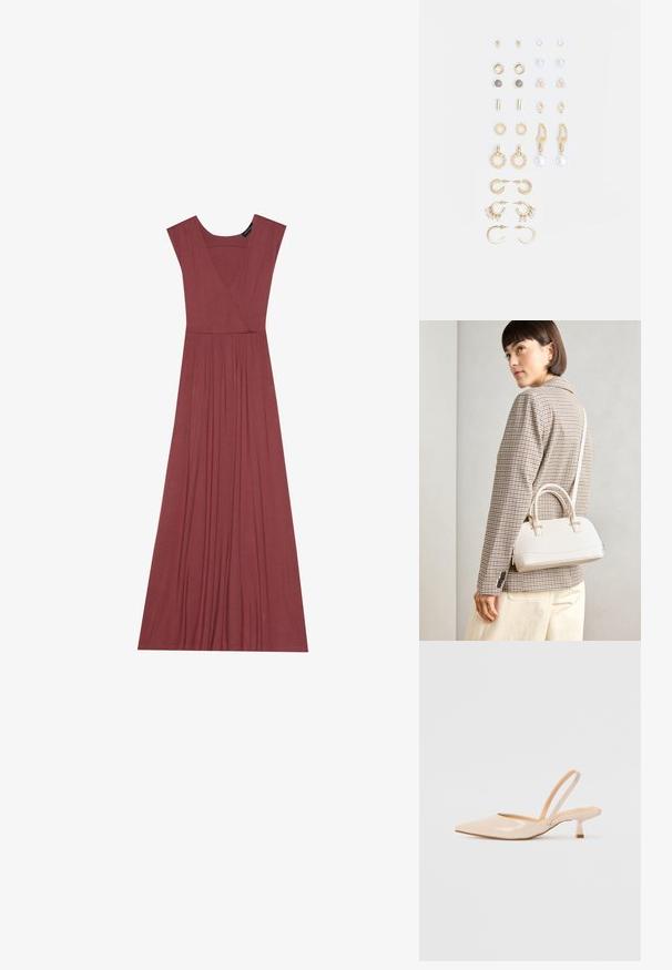 Pikk, ilma varrukat roosa tooni kleit. Omab V-kaelust, volditud vööd ja sujuvat, kerget kangast. Ühtne disain, ilma mustriteta.; Beežist lakitud nahast slingback kontsad terava nina ja peene ruudukujulise kontsaga. Sile tekstuur ja minimalistlik disain ilma kaunistusteta.; Valge struktureeritud käekott lühikeste käepidemete ja õlavööga, millel on kuldse riistvara aktsendid ja tekstuuriga materjal, eksponeeritud halli taustal.; Kullastusust kõrvarõngaste komplekt, mis sisaldab erinevaid disaine, sealhulgas nööpe, rõngaid ja riputatavaid tükke, millel on pärlid ja rhinestones.