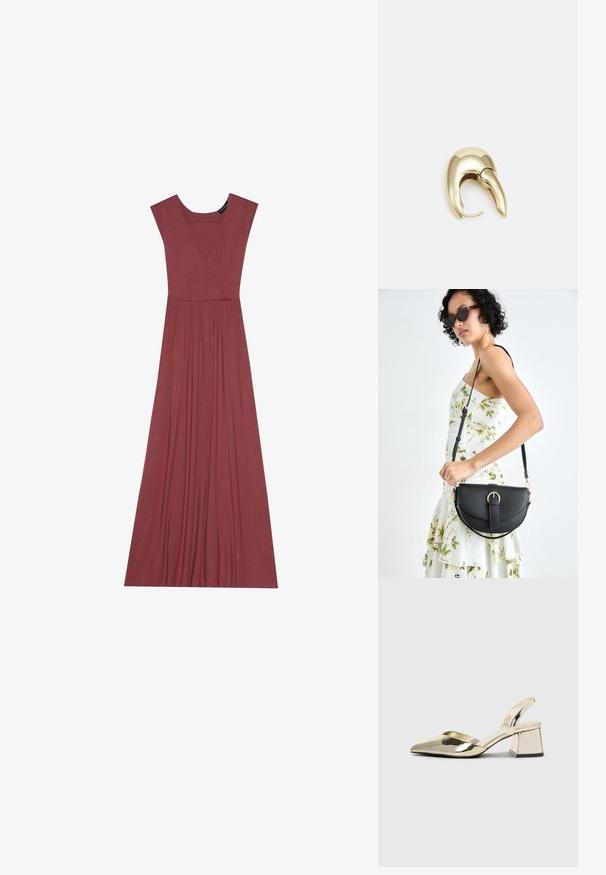 Lungo abito senza maniche di colore rosa tenue. Presenta un collo a V, una vita plissettata e un tessuto leggero e morbido. Design semplice, senza fantasie.; Tacchi slingback metallici color oro con punta appuntita e tacco grosso. Texture liscia, design minimalista e una cinghia stretta.; Borsa a tracolla nera in pelle con una forma curva, manico rimovibile e accessori dorati. La borsa presenta una patta con un dettaglio a fibbia.; Orecchino in metallo color oro con un design elegante e curvo. Presenta una forma appuntita distintiva, superficie lucida e chiusura a cerniera.