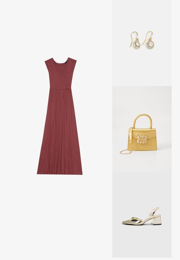 Lange, mouwloze jurk in een gedempte rozenkleur. Heeft een V-hals, geplooide taille en een zachte, lichte stof. Effen ontwerp, geen patronen.; Gouden, metalen slingback hakken met een spitse neus en een chunky hak. Glad oppervlak, minimalistisch ontwerp en een smalle band.; Geel faux-krokodillenhandtas met een gestructureerd ontwerp, bovenhandvat, afneembare kettingriem en decoratieve kristallen versiering op de sluiting.; Goudkleurige oorbellen met ovaalvormige heldere kristallen omringd door kleinere heldere stenen, met een haakontwerp voor een veilige draagervaring.