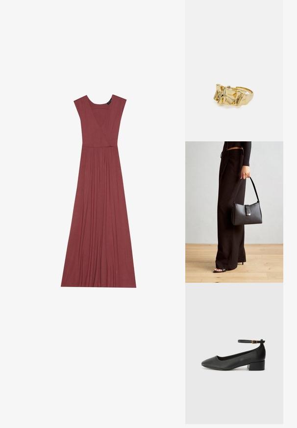 Langes, ärmelloses Kleid in gedämpftem Rosaton. Mit V-Ausschnitt, plissiertem Taillenbund und glattem, leichtem Stoff. Schlichte Ausführung, keine Muster.; Schwarze Lederpumps mit spitzem Zehenbereich und niedrigem Blockabsatz. Mit einem Knöchelriemen und einer goldfarbenen Schnalle. Glatte Textur.; Schwarze Handtasche mit strukturierter Form, glatter Textur und einem metallischen Verschluss. Kombiniert mit weiten schwarzen Hosen und offenen Sandalen auf einem Holzboden.; Goldring mit strukturiertem, wellenförmigem Design, das drei markante Spitzen aufweist. Glatte, glänzende Oberfläche mit einem offenen Band für einen verstellbaren Sitz.