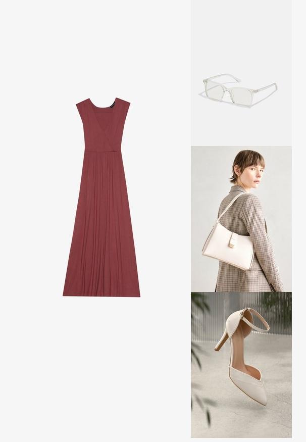 Long, sleeveless dress in muted rose color. Features a V-neck, pleated waistline, and smooth, lightweight fabric. Solid design, no patterns.; White high-heeled shoe in smooth material with pointed toe and ankle strap. Features a light tan interior and gold-tone hardware accent.; Clear plastic square-frame glasses with translucent lenses, featuring gold accents on the temples for added detail.; White leather handbag with a structured design, featuring a magnetic clasp and a shoulder strap, showcased against a neutral background.
