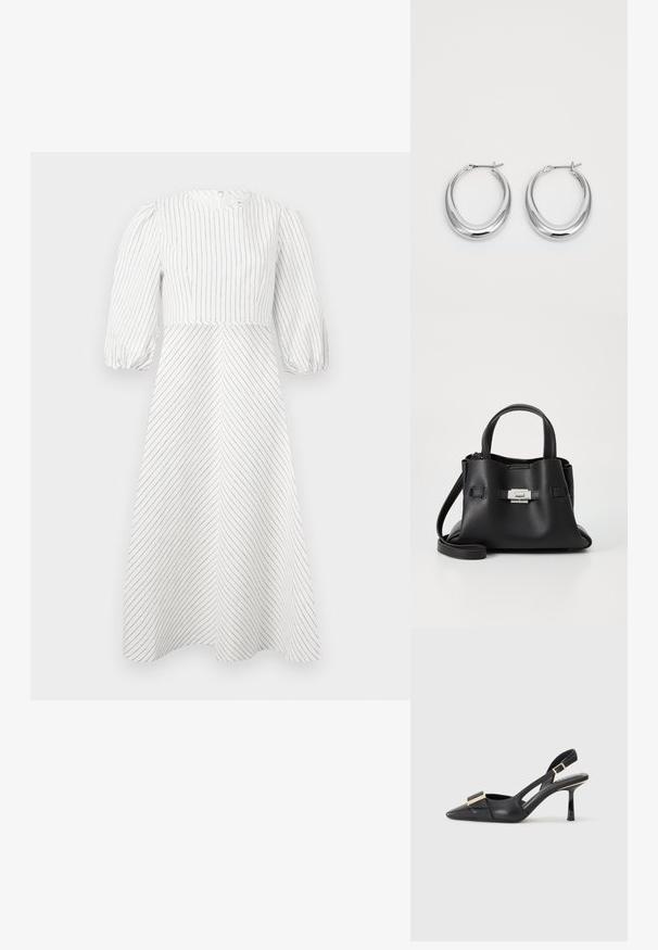 Balta suknelė su vertikaliomis ir įstrižinėmis juodomis juostelėmis, apvali iškirptė ir trumpomis pūstomis rankovėmis, pagaminta iš lengvos, glotnios medžiagos.; Juodas odinis batelis su atviru kulnu, smailiu pirštu, liekna kulniuku ir auksinės spalvos detalėmis ant batus. Lygus paviršius ir struktūrizuotas dizainas.; Juodas odinis rankinės su tekstūruota apdaila, turintis dvi viršutinės rankenos, nuimamą peties diržą ir sidabrinį užsegimą.; Poliruoti sidabro pusmėnulio formos auskarai su užlenkiamais užsegimais ant balto fono.