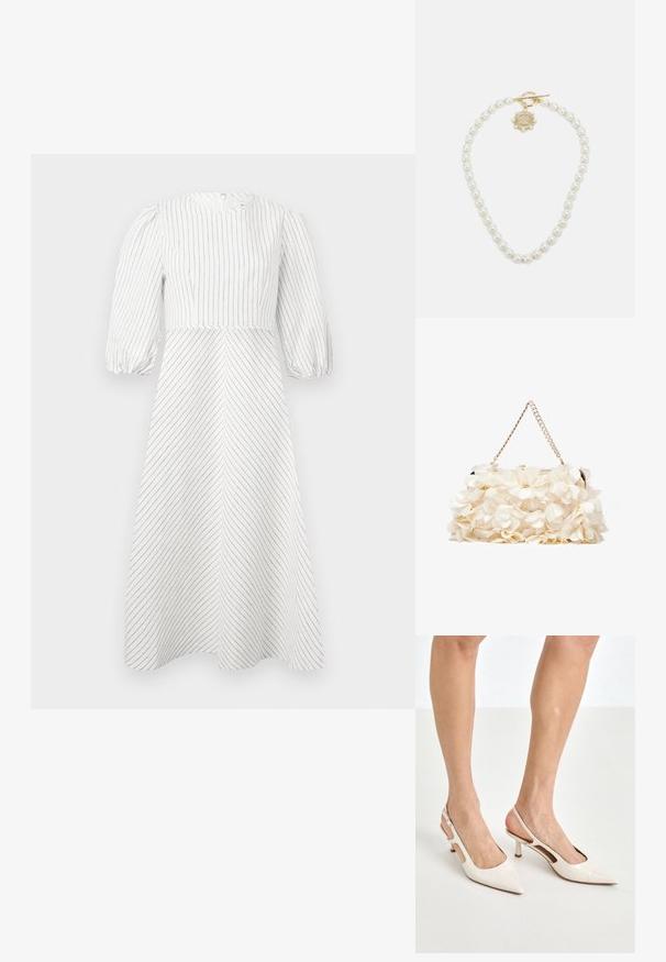 Robe blanche avec des rayures noires verticales et diagonales, encolure ronde et manches courtes bouffantes, fabriquée dans un tissu léger et lisse.; Escarpins à talon slingback en cuir verni beige avec un bout pointu et un talon de 5 cm, présentant des côtés découpés et une fine bride à la cheville.; Sac à main floral blanc avec une surface en tissu froncé, une chaîne en métal doré et un fermoir en métal. Présente des pétales texturés pour plus de détail.; Lauren Ralph Lauren COLLAR - Collier - gold-coloured/white