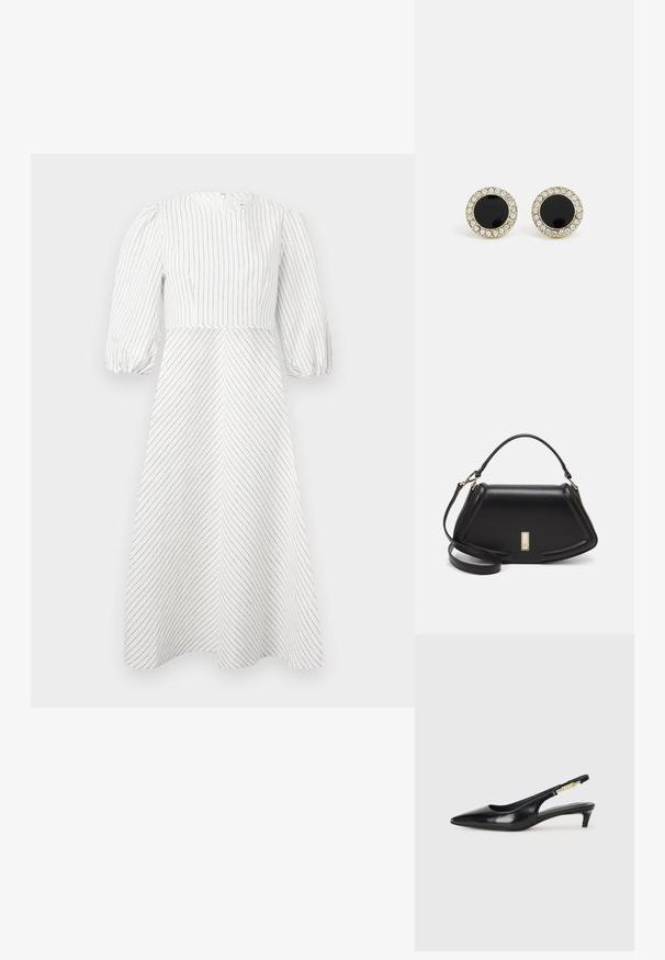 Hvid kjole med vertikale og diagonale sorte striber, rund halsudskæring og korte puffede ærmer, lavet af et let, glat stof.; Sorte læder slingback hæle med spids tå, der har en slank hæl og en guldfarvet detalje på den justerbare rem. Glat tekstur.; Sort læderhåndtaske med en struktureret design, der har en kortet form, tophåndtag og guld hardware-accenter. Justerbar skulderrem inkluderet.; DKNY INLAY STUD - Øreringe - black/gold-coloured