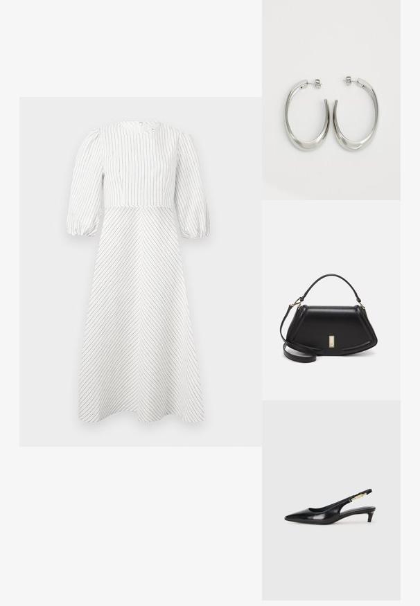 Robe blanche avec des rayures noires verticales et diagonales, encolure ronde et manches courtes bouffantes, fabriquée dans un tissu léger et lisse.; Talons hauts en cuir noir avec un bout pointu, dotés d'un talon fin et d'un accent en ton or sur la lanière réglable. Texture lisse.; Sac à main en cuir noir avec un design structuré, featuring une forme cropped, une poignée supérieure et des accents en matériel doré. Bandoulière réglable incluse.; Boucles d'oreilles en argent avec un design lisse et courbé. Présentent une finition métallique brillante et une fermeture à clou. Pas de motifs ou d'accents visibles.