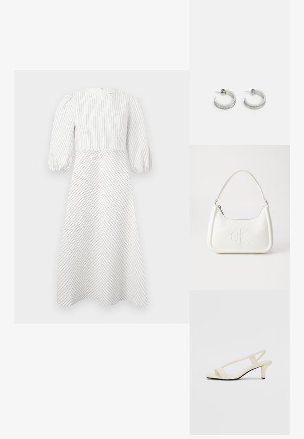 Witte jurk met verticale en diagonale zwarte strepen, ronde halslijn en korte pofmouwen, gemaakt van een lichte, soepele stof.; Beige blockhak sandalen met dunne bandjes en een vierkante neus. Glad materiaal met minimale details, ontworpen voor eenvoudig dragen.; Witte lederen handtas met een gebogen vorm, voorzien van een reliëf "CK" logo aan de voorkant en een enkele schouderriem. Ritsluiting aan de bovenkant.; Zilveren oorringen met een gladde oppervlakte en een rij kleine heldere stenen langs de onderrand, met een achterkant met een knop.
