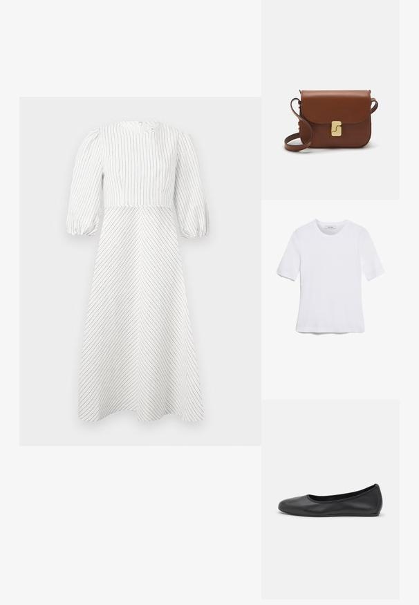 Biele šaty s vertikálnymi a diagonálnymi čiernymi pruhmi, okrúhlym výstrihom a krátkymi puffovanými rukávmi, vyrobené z ľahkej, hladkej tkaniny.; Biela krátka tričko s krátkymi rukávmi vyrobené z rebrovanej látky. Klasický okrúhly výstrih, bežný strih a jemné švy. Bez vzorov alebo grafiky.; Čierne kožené baleríny s okrúhlou špičkou, hladkým povrchom, minimálnym prešívaním a flexibilným dizajnom podrážky.; Hnedá kožená kabelka s klopou, zlatými kovovými prvkami, ramenným popruhom a hladkým povrchom. Kompaktný obdĺžnikový tvar.