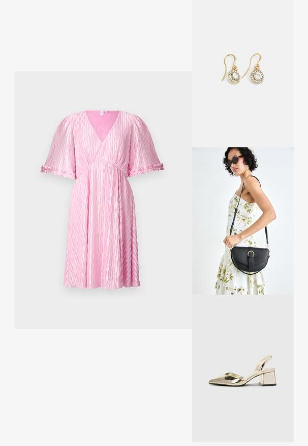 Rožinė suknelė su V formos iškirpte, trumpomis pūstomis rankovėmis ir raukšlėta imperijos juosta. tekstūruotas audinys pasižymi banguotais raštais ir voluojamu apvadu.; Auksiniai, metaliniai slingback aukštakulniai bateliai su smailiu pirštu ir masyviu kulnu. Lygus paviršius, minimalizmo dizainas ir siaura juostelė.; Juodas odinis krepšys su išlenkta forma, nuimamu dirželiu ir auksiniais detalėmis. Krepšys turi kilpą su sagtimi.; Aukso spalvos auskarai su ovalo formos skaidriais kristalais, apjuostais mažesniais skaidriais akmenukais, su kabliuko dizainu, užtikrinančiu saugų dėvėjimą.