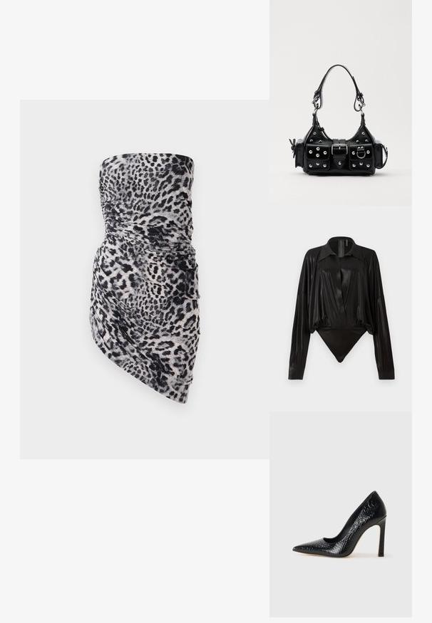 Minišaty bez ramínek z lehké nařasené látky s motivem černého a šedého leopardího vzoru a zdobené rozevlátým detailem na boku.; Černý body s dlouhými rukávy, výstřihem do V a přiléhavým střihem. Vyrobeno z lesklého, hladkého materiálu se strukturovaným límcem a manžetami.; Černý lodičkový bot s špičatou špičkou, pokrytý texturou krokodýlí kůže, s elegantním designem, vysokým stiletto podpatkem a hladkým černým interiérem.; Černá kožená kabelka s křivkovým designem, zdobená stříbrnými hřebíky, s přezkou a dvěma bočními kapsami. Nastavitelný popruh pro různé možnosti nošení.