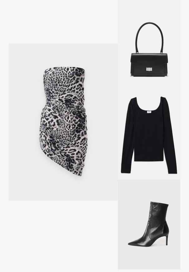Minišaty bez ramínek z lehké nařasené látky s motivem černého a šedého leopardího vzoru a zdobené rozevlátým detailem na boku.; Černý dámský top s dlouhými rukávy a kulatým výstřihem, vyrobený z hladkého, elastického materiálu. Jednoduchý design, bez viditelných vzorů nebo akcentů.; Černé kotníkové boty vyrobené z hladké kůže, s špičatou špičkou, těsným svrškem a tenkým vysokým podpatkem. Minimalistický design bez viditelné mechaniky.; Černá kožená kabelka se strukturovaným designem, horním uchopěním a stříbrným zapínáním. Obsahuje rohové akcenty a hladký povrch.