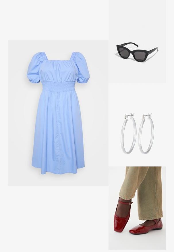 Hellblaues Kleid mit quadratischem Ausschnitt, Puffärmeln und einem gerafften Taillenbereich. Der Stoff ist glatt und das Rockdesign fließt.; Rote Lacklederschuhe mit quadrater Zehenform, niedrigem Absatz und Knöchelriemen, kombiniert mit hellgrünen weiten Jeans. Glatte Textur, reflektierende Oberfläche.; Schwarze Cat-Eye-Sonnenbrille mit matter Oberfläche, grauen getönten Gläsern, scharfen Kanten und schlanken Bügeln. Der Markenname ist auf dem inneren Bügel sichtbar.; Silberne Creolen mit einer glatten, polierten Oberfläche. Runder Form und sicherem Klickverschluss. Leichtes Design, geeignet für den täglichen Gebrauch.