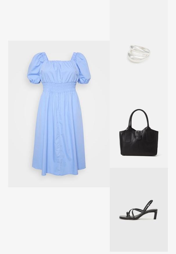 Gaiši zils kleita ar kvadrātu formā izgriezumu, pūkainām piedurknēm un izšūtu jostasvietu. Audums ir gluds ar plūstošu svārku dizainu.; Melnas strappy sandales ar kvadrātveida purngaliem un zemu bloku papēdi. Ievērojamas ar vairākiem plāniem siksniņām un regulējamu potītes siksniņu. Izgatavotas no gludas ādas.; Melnas ādas somiņa ar gludu tekstūru, strukturētu formu, divām rokturām un izteiktu sudraba sprādzi priekšpusē.; Sudraba divu joslu gredzens ar gludu, pulētu virsmu. Iezīmējas ar plūstošu, izliekta dizaina struktūru ar pārklājošām sekcijām modernam izskatam.