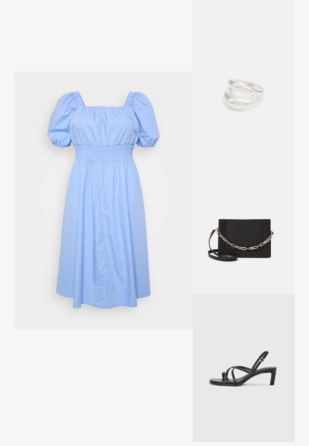 Gaiši zils kleita ar kvadrātu formā izgriezumu, pūkainām piedurknēm un izšūtu jostasvietu. Audums ir gluds ar plūstošu svārku dizainu.; Melnas strappy sandales ar kvadrātveida purngaliem un zemu bloku papēdi. Ievērojamas ar vairākiem plāniem siksniņām un regulējamu potītes siksniņu. Izgatavotas no gludas ādas.; Melna ādas crossbody soma ar gludu faktūru, taisnstūrveida formu un metalizētu ķēdes detaļu priekšā. Iekļauta regulējama siksna.; Sudraba divu joslu gredzens ar gludu, pulētu virsmu. Iezīmējas ar plūstošu, izliekta dizaina struktūru ar pārklājošām sekcijām modernam izskatam.