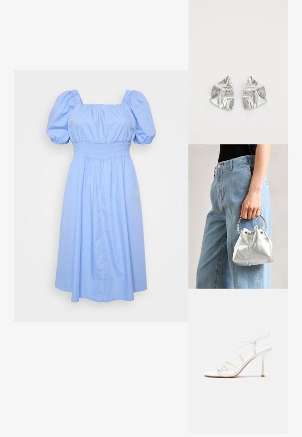 Lichtblauwe jurk met een vierkante halslijn, pofmouwen en een gerimpelde taille. De stof is glad met een vloeiende rokontwerp.; Witte strappy hoge hak sandaal met een platte tenenbasis, gestructureerde voorkant met geplooide accenten, en een slanke enkelband.; Metalen zilveren bucket bag met een gestructureerde afwerking, versierd met een zilveren ronde handvat en een trekkoordsluiting, vastgehouden tegen lichtblauwe jeans.; Zilveren metalen oorbellen met een golvend, sculpturaal ontwerp, voorzien van een gepolijste afwerking en onregelmatige vormen, die een hedendaagse esthetiek benadrukken.