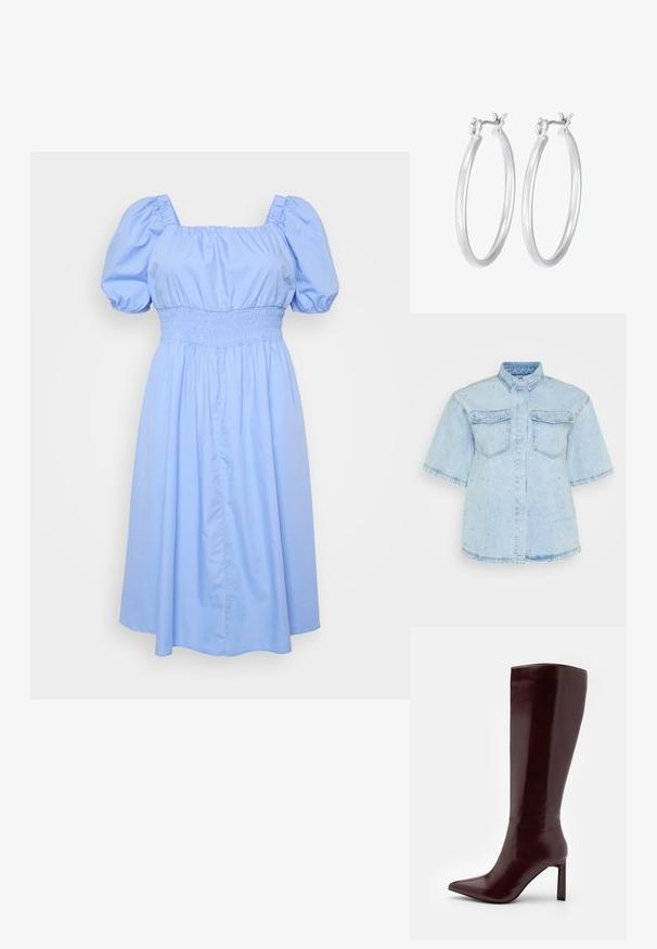 Svetlo modra obleka s kvadratnim izrezom, napihnjenimi rokavi in smockanim pasom. Tkanina je gladka, z tokom obleke.; Svetlo modra denim srajca s kratkimi rokavi, ki ima dva sprednja žepka in je okrašena z majhnimi srebrnimi žebljički.; Even&Odd Škornji - dark red; Srebrni obroči za ušesa z gladko, polirano površino. Okrogla oblika in varna zaponka s klikom. Lahka zasnova, primerna za vsakodnevno nošenje.