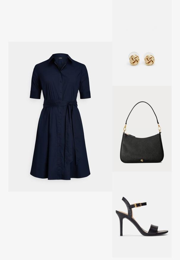 Tmavomodré šaty-košeľa s krátkymi rukávmi, zapínaním na gombíky vpredu, golierom a opaskom na zaväzovanie v páse.; Čierne sandále na vysokom podpätku s hladkým koženým vrchom, otvorenou špičkou a dizajnom s jedným pásikom s akcentom zlatého spony.; Čierna kožená kabelka so štruktúrovaným dizajnom, vybavená zipsovým uzáverom, odnímateľným popruhom a zlatými hardvérovými akcentmi.; Náušnice s uzlom v zlatej farbe s prekrúteným dizajnom. Každá náušnica má kruhové priehľadné pozadie pre bezpečné nosenie.